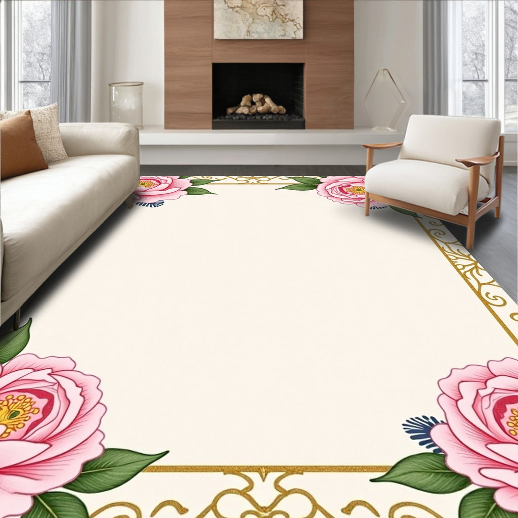 Pink Peony Garden Gold Scroll Rug