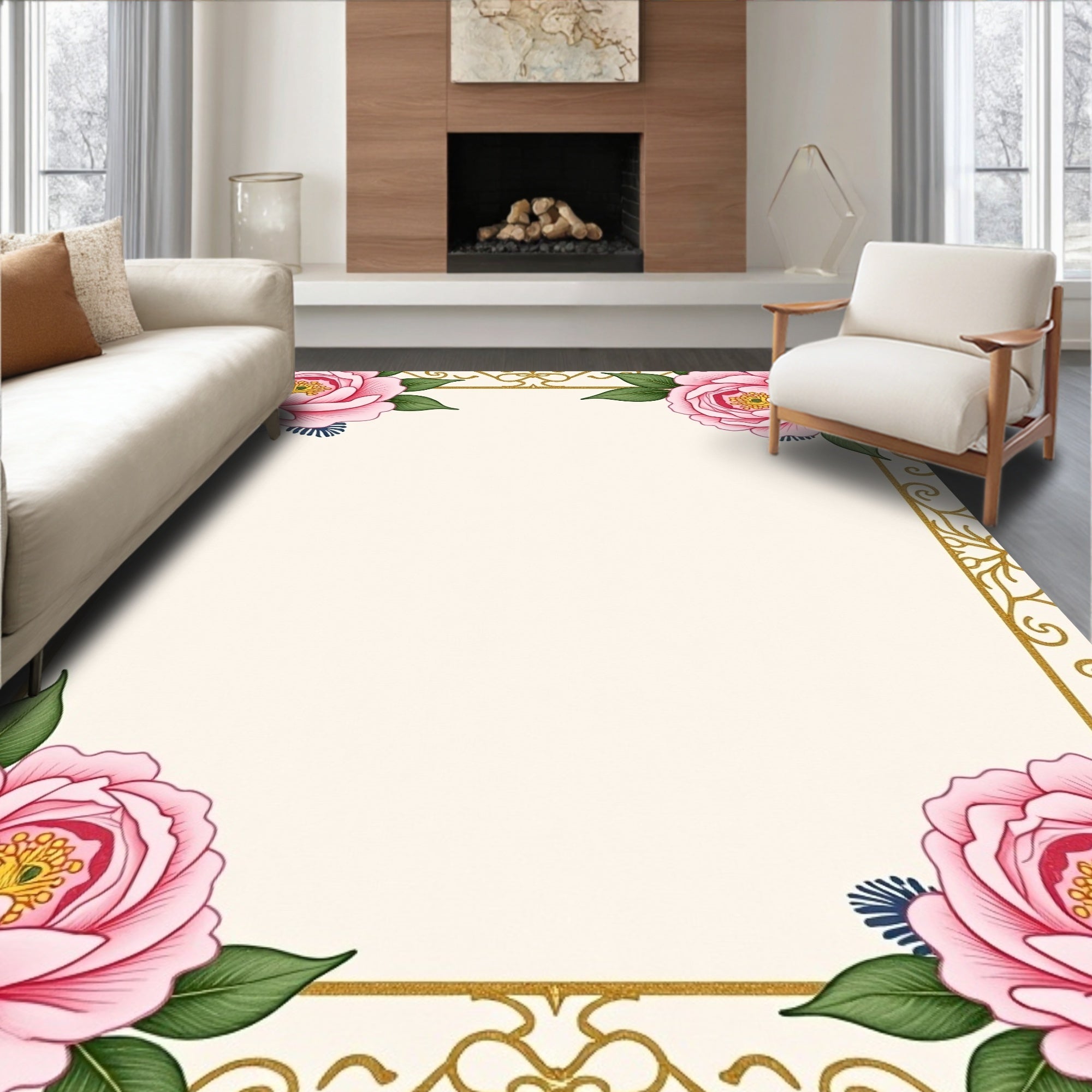 Pink Peony Garden Gold Scroll Rug