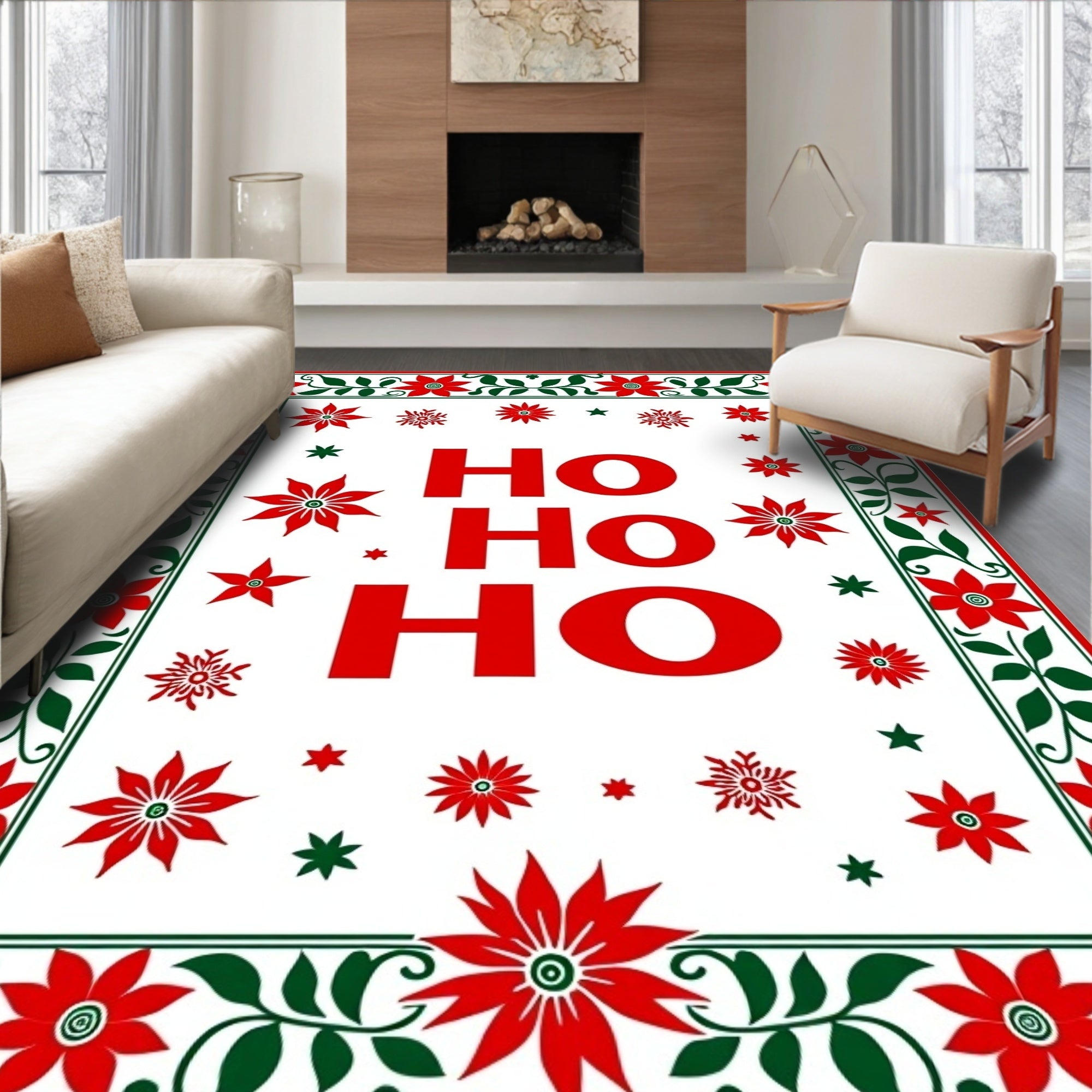 Ho Ho Ho Red Floral Border Rug