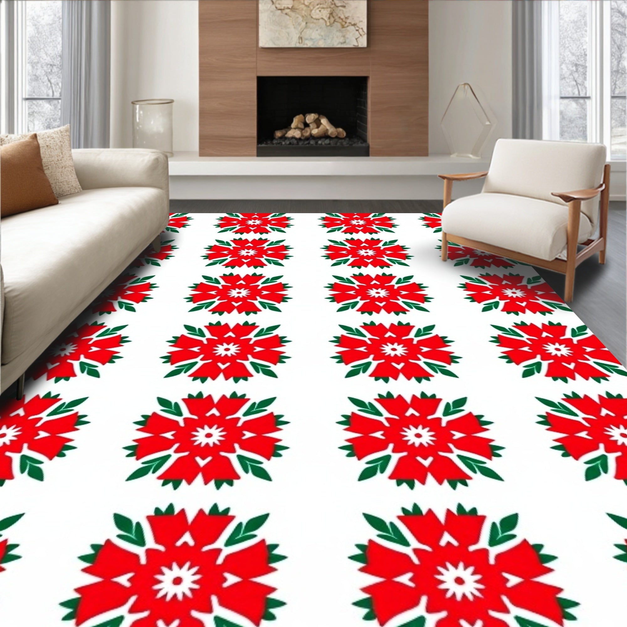Vibrant Red Floral Medallion Arrangement Rug