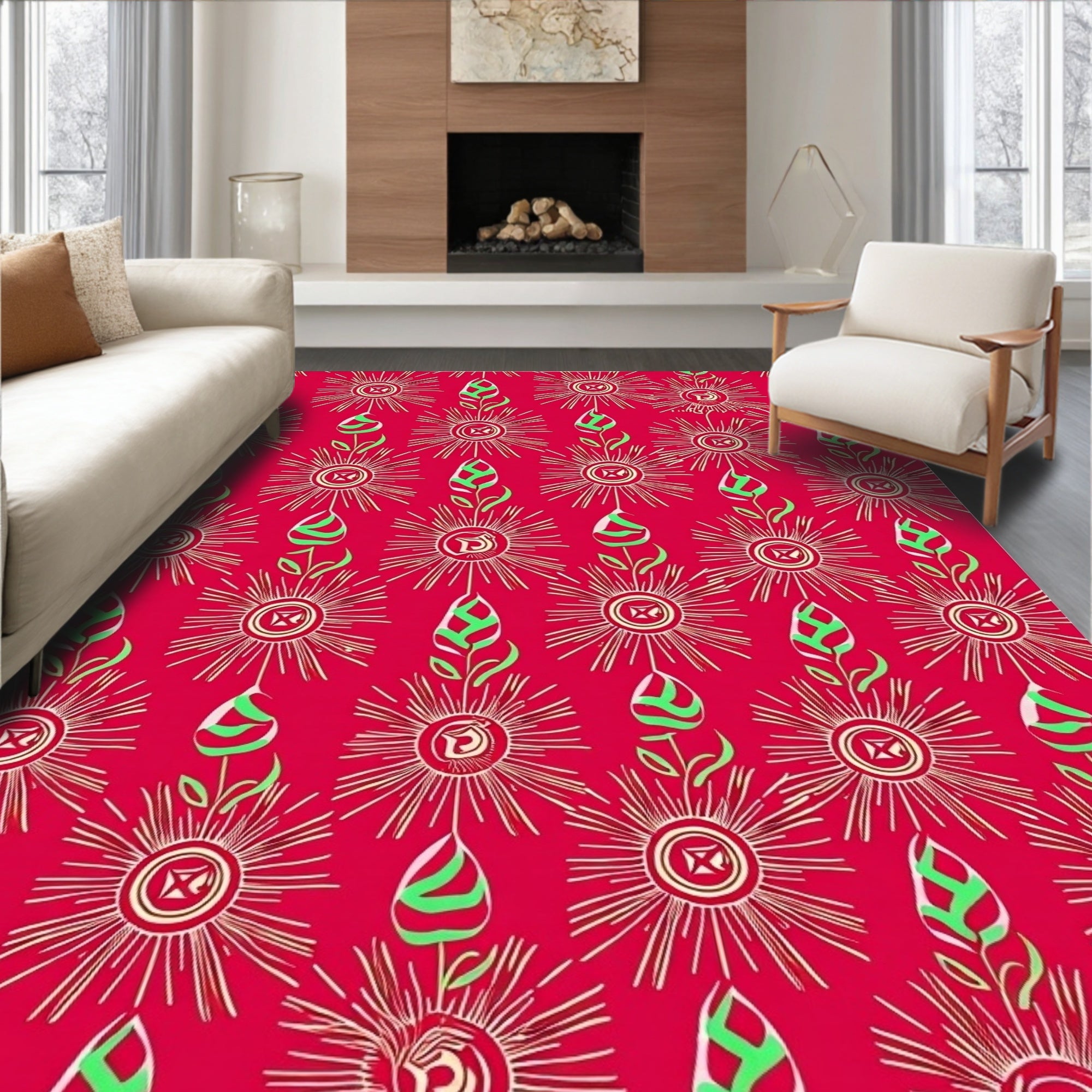 Radiant Red Abstract Floral Arrangement Rug