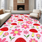 Whimsical Red Mushroom Pink Floral Field Rug