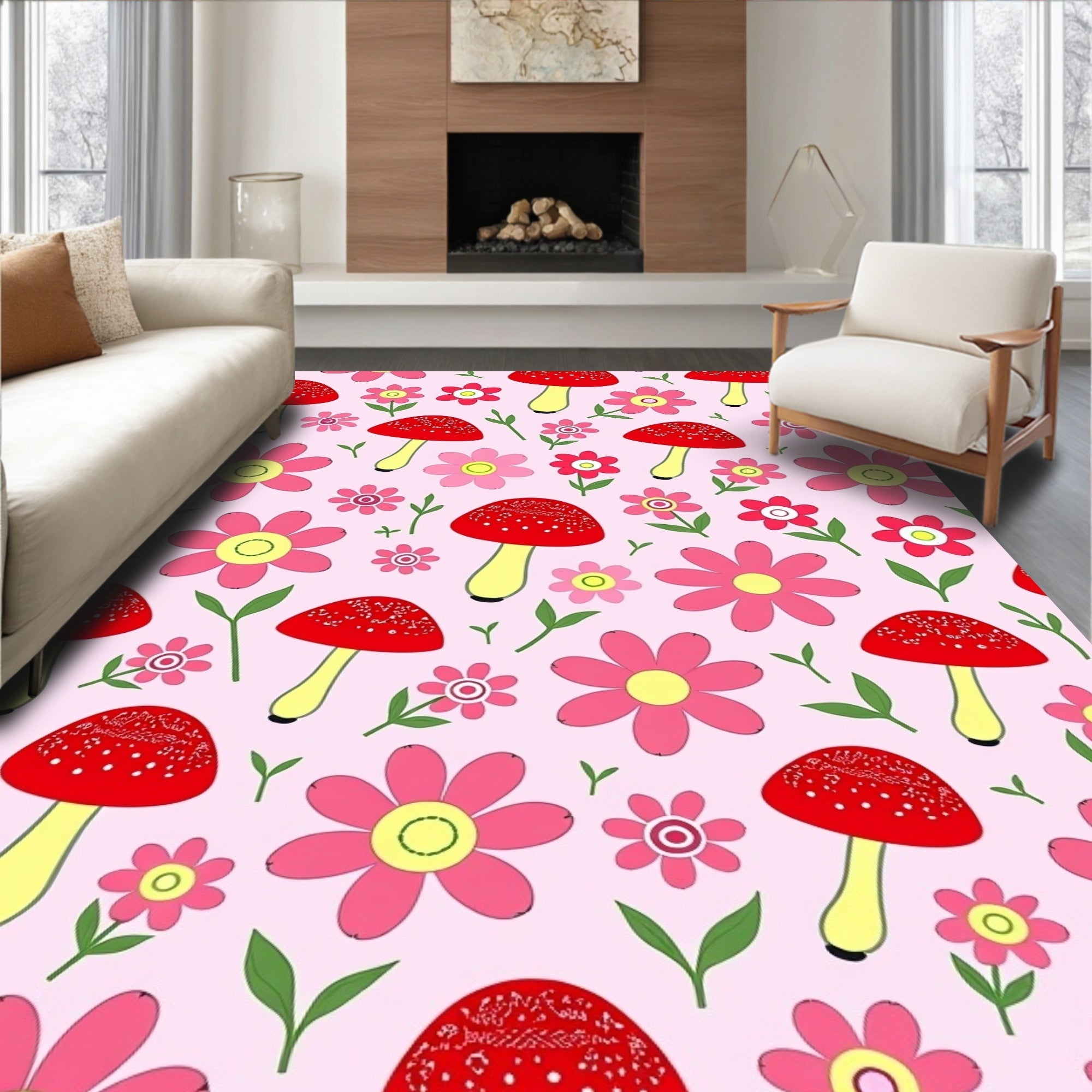 Whimsical Red Mushroom Pink Floral Field Rug
