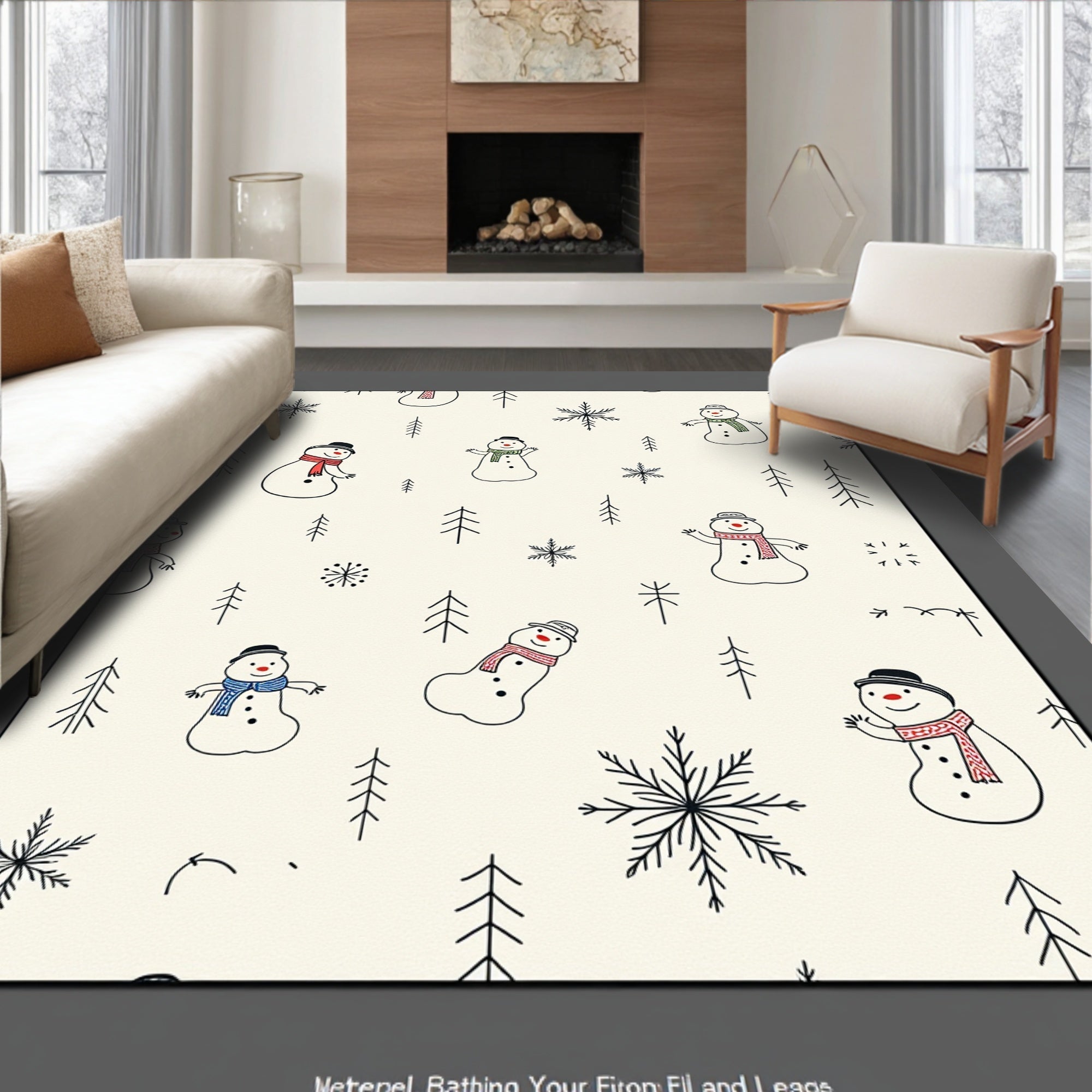 Cream Snowman Winter Folk Art Rug
