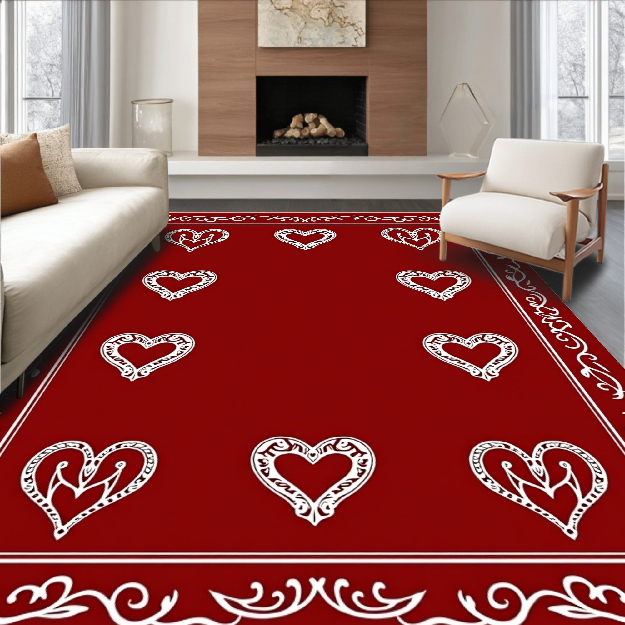 Crimson White Heart Border Rug