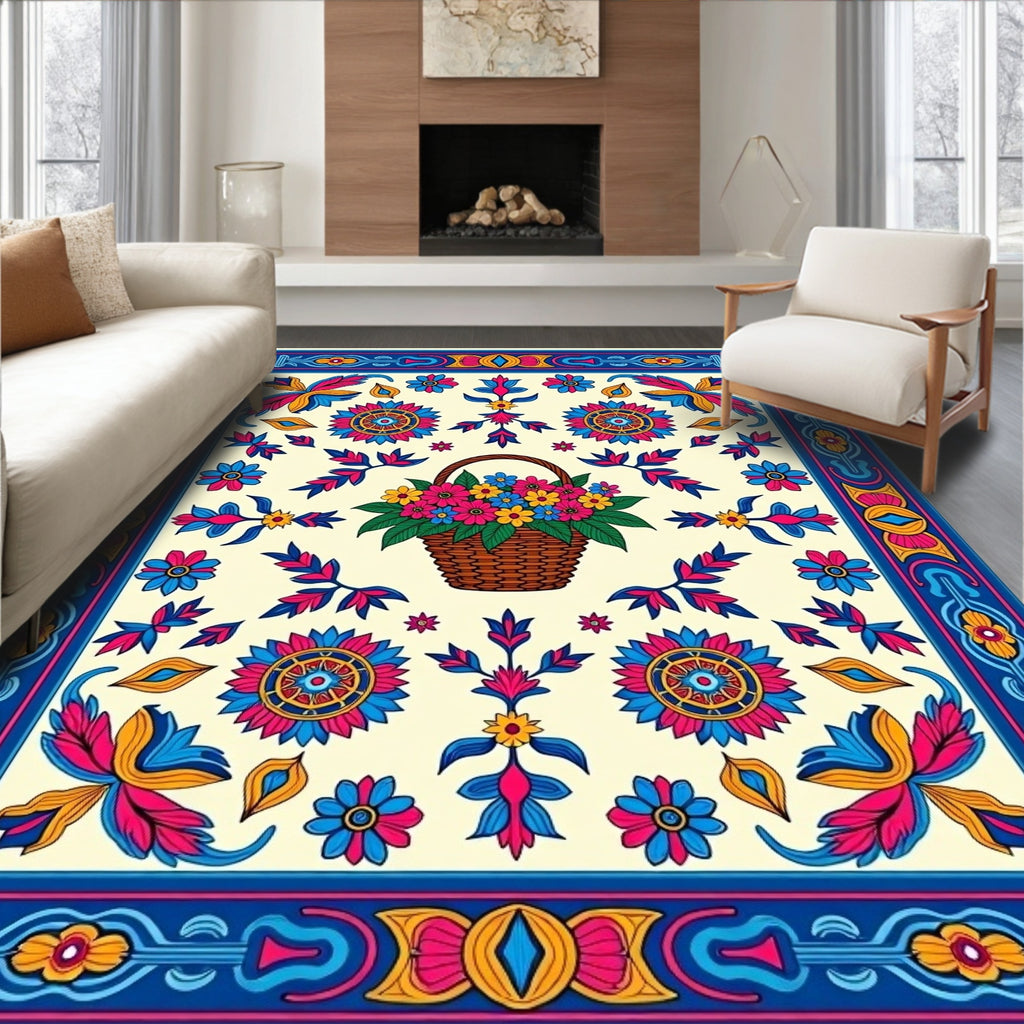 Colorful Floral Basket Medallion Border Rug