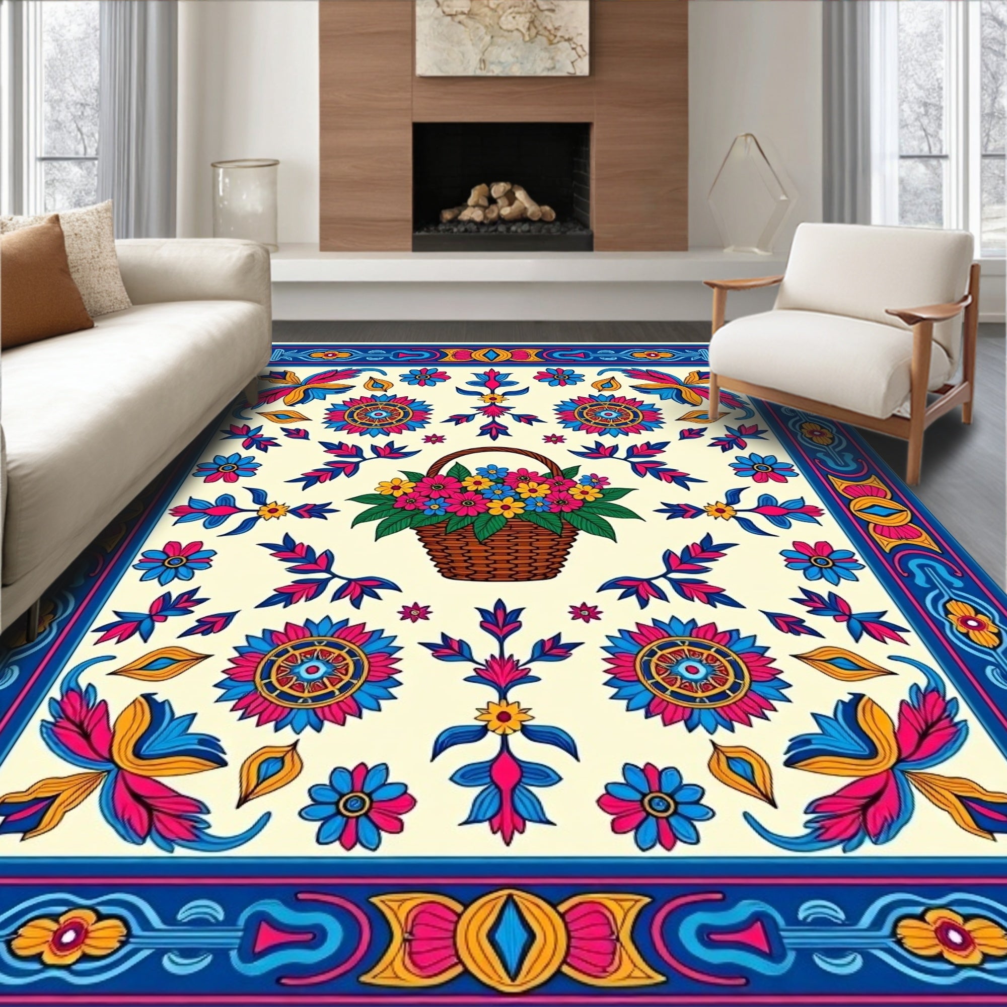 Colorful Floral Basket Medallion Border Rug
