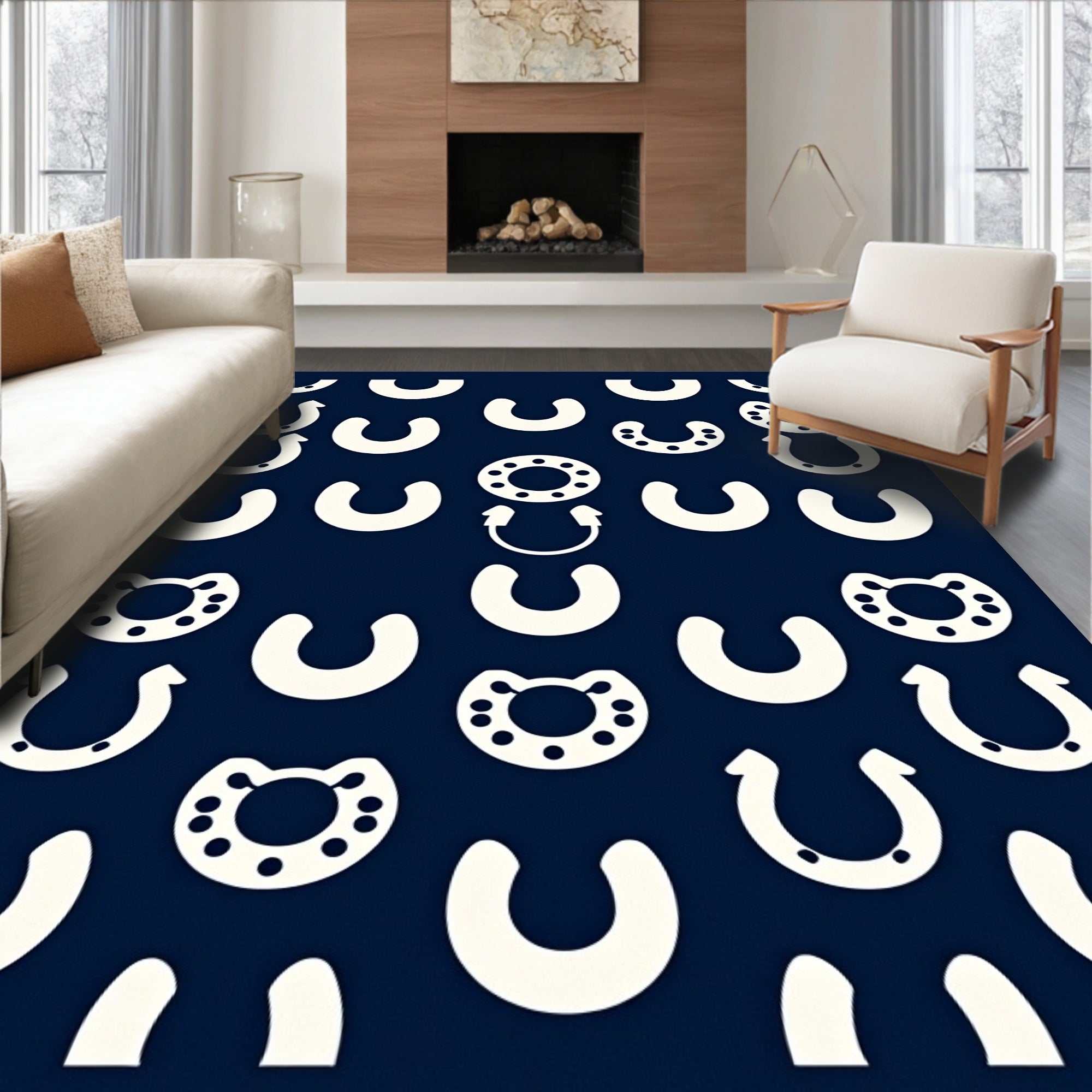 Cream Horseshoe Folk Art Navy Rug