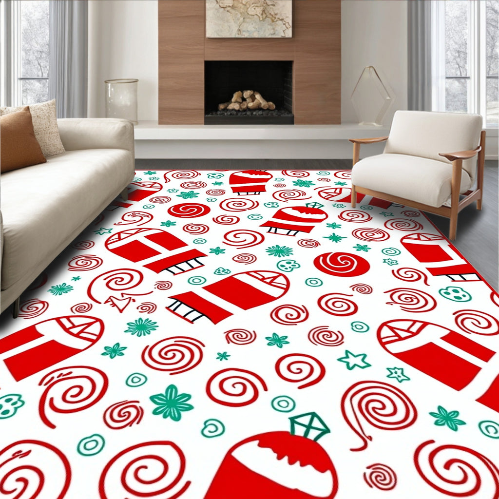 Red White Mitten Swirl Snowflake Ornament Rug