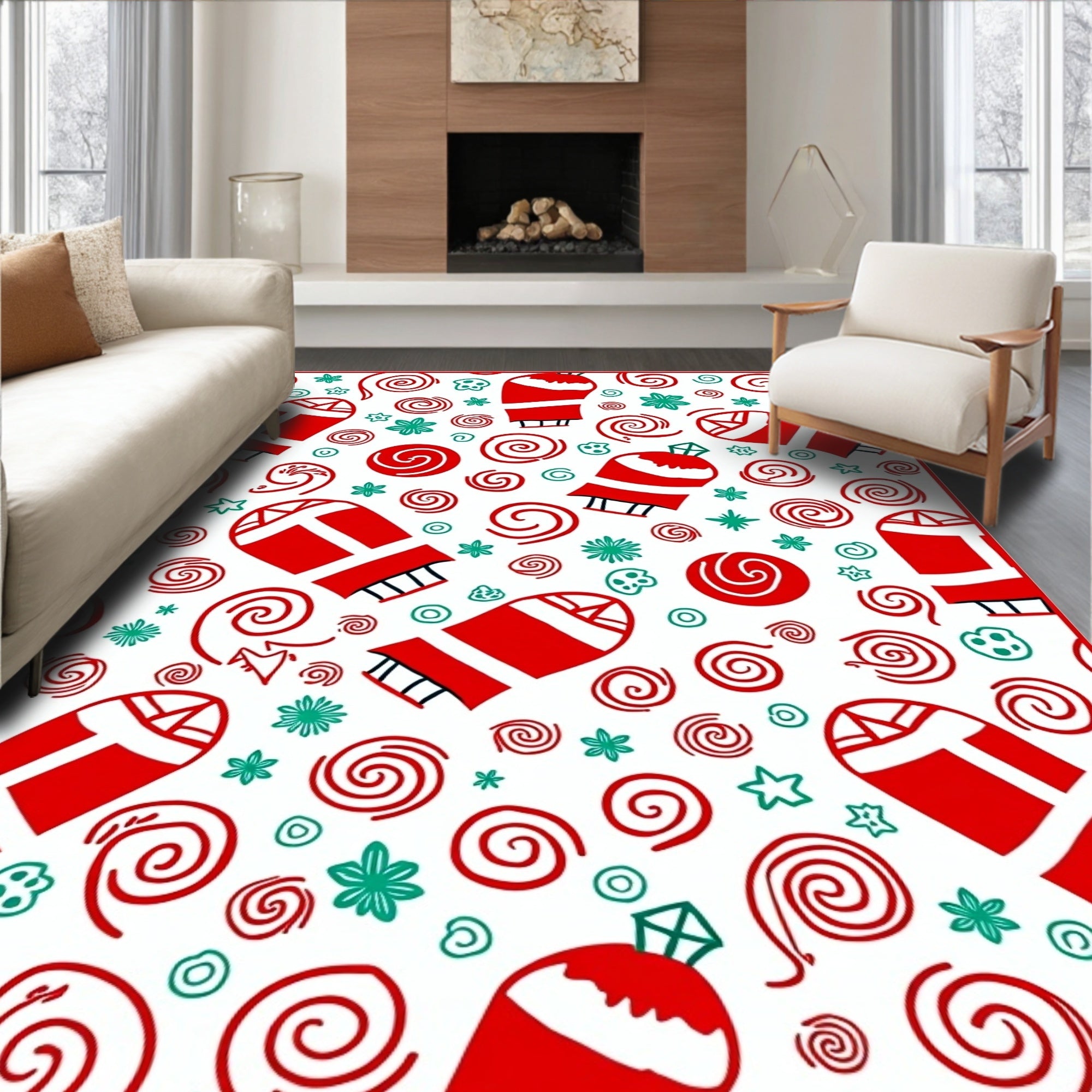 Red White Mitten Swirl Snowflake Ornament Rug
