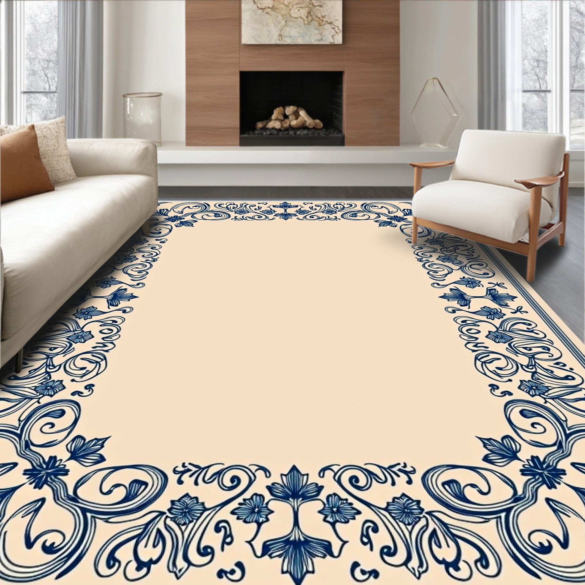 Ornate Cobalt Vine Border Rug