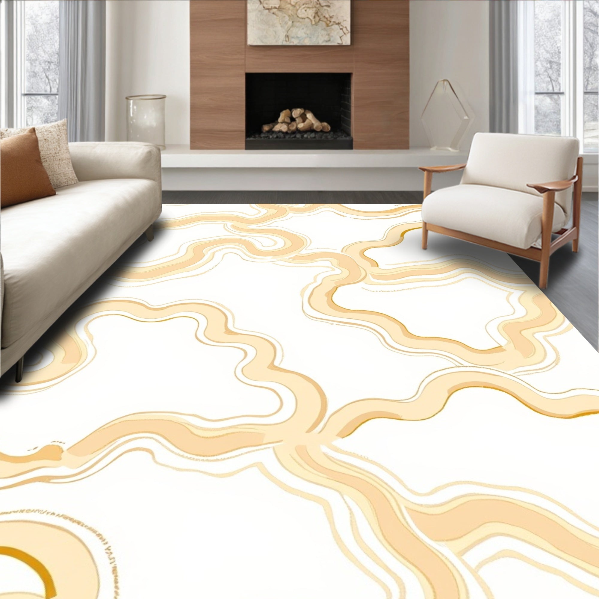 Pale Gold Swirling Abstract Lines Rug