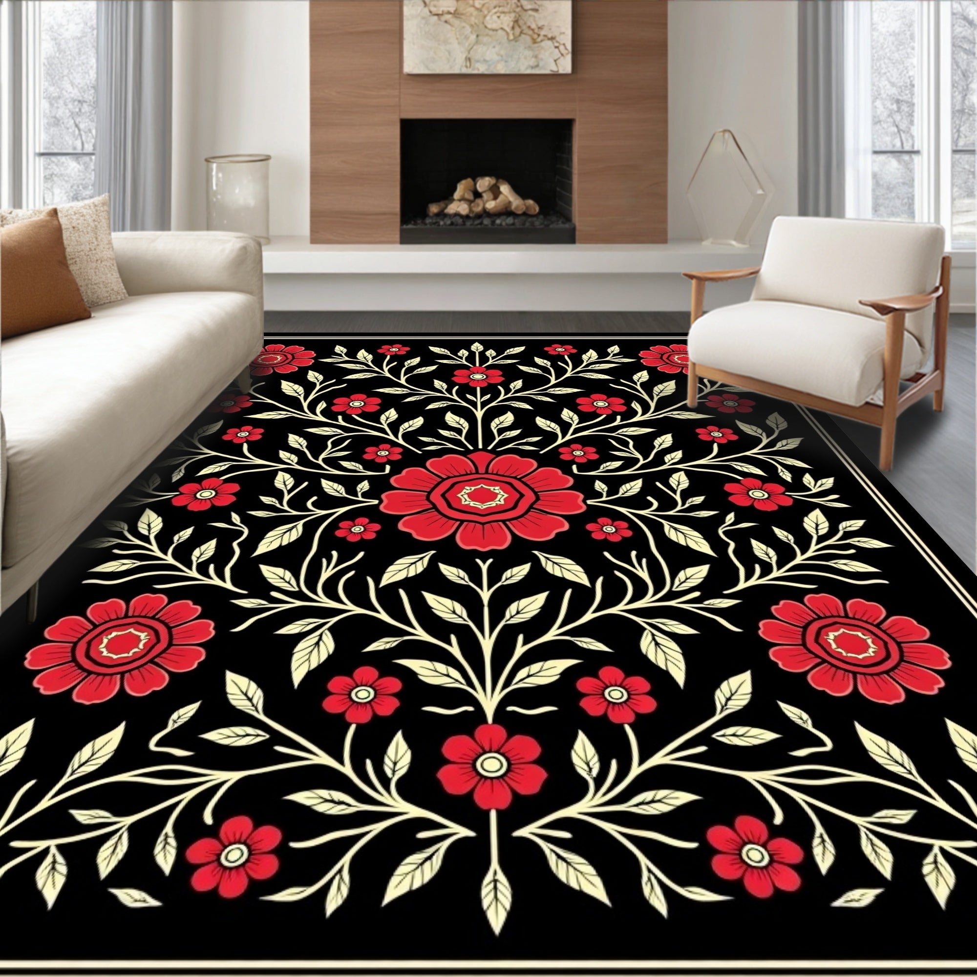 Crimson Floral Branch Symmetry Rug