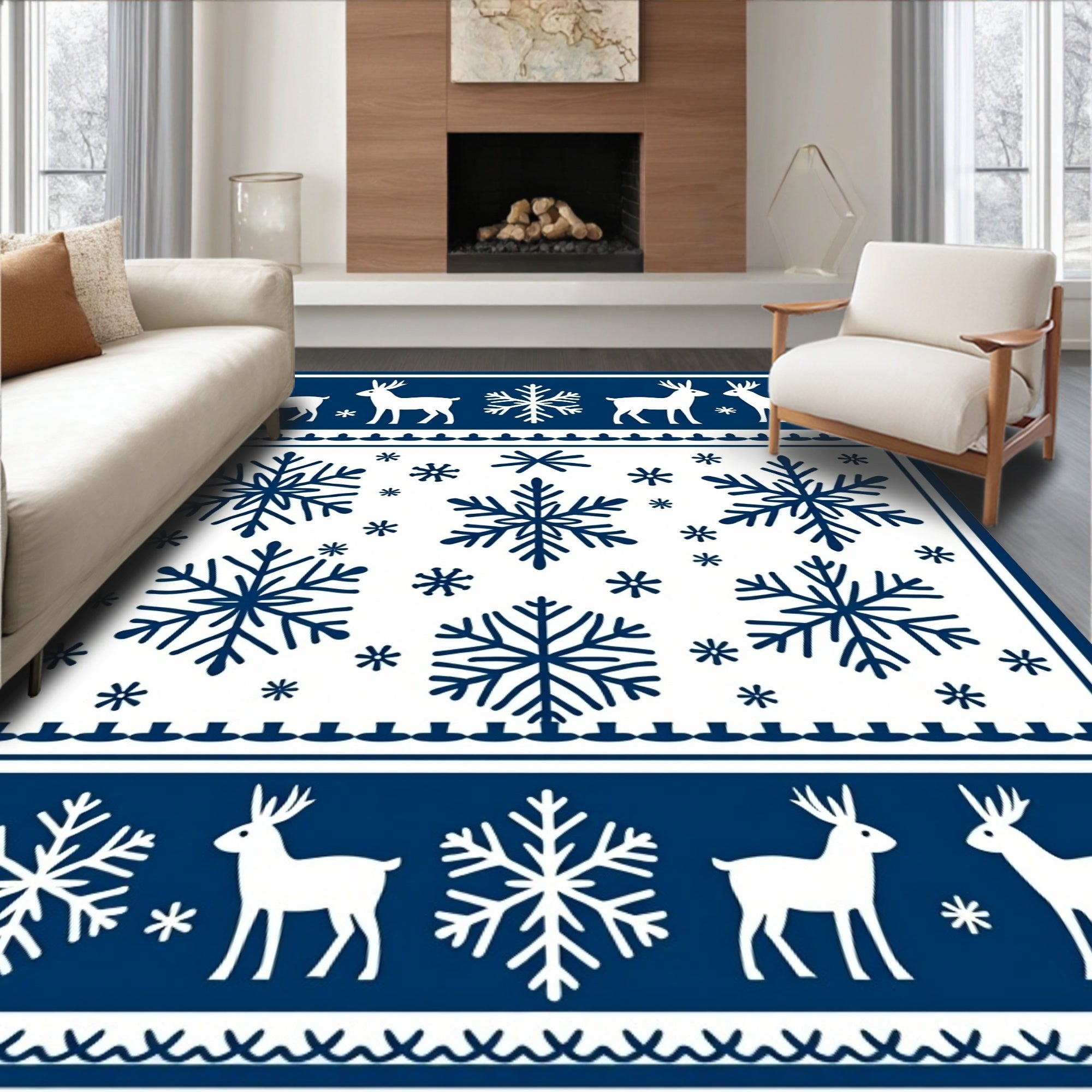 Winter Scenes Deep Blue Snowflake Deer Rug