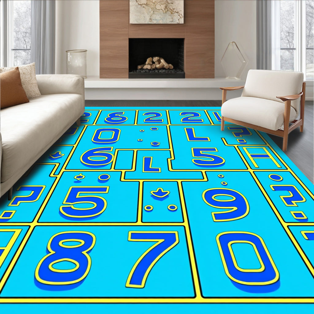 Bold Blue Yellow Number Grid Rug