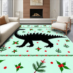 Black Dinosaur Holly Christmas Scene Rug