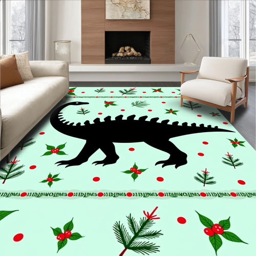 Black Dinosaur Holly Christmas Scene Rug