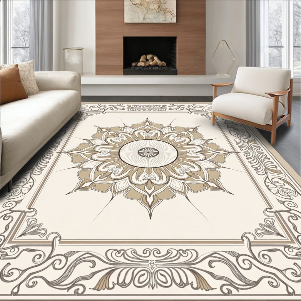 Neutral Tan Floral Medallion Border Rug