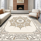 Neutral Tan Floral Medallion Border Rug