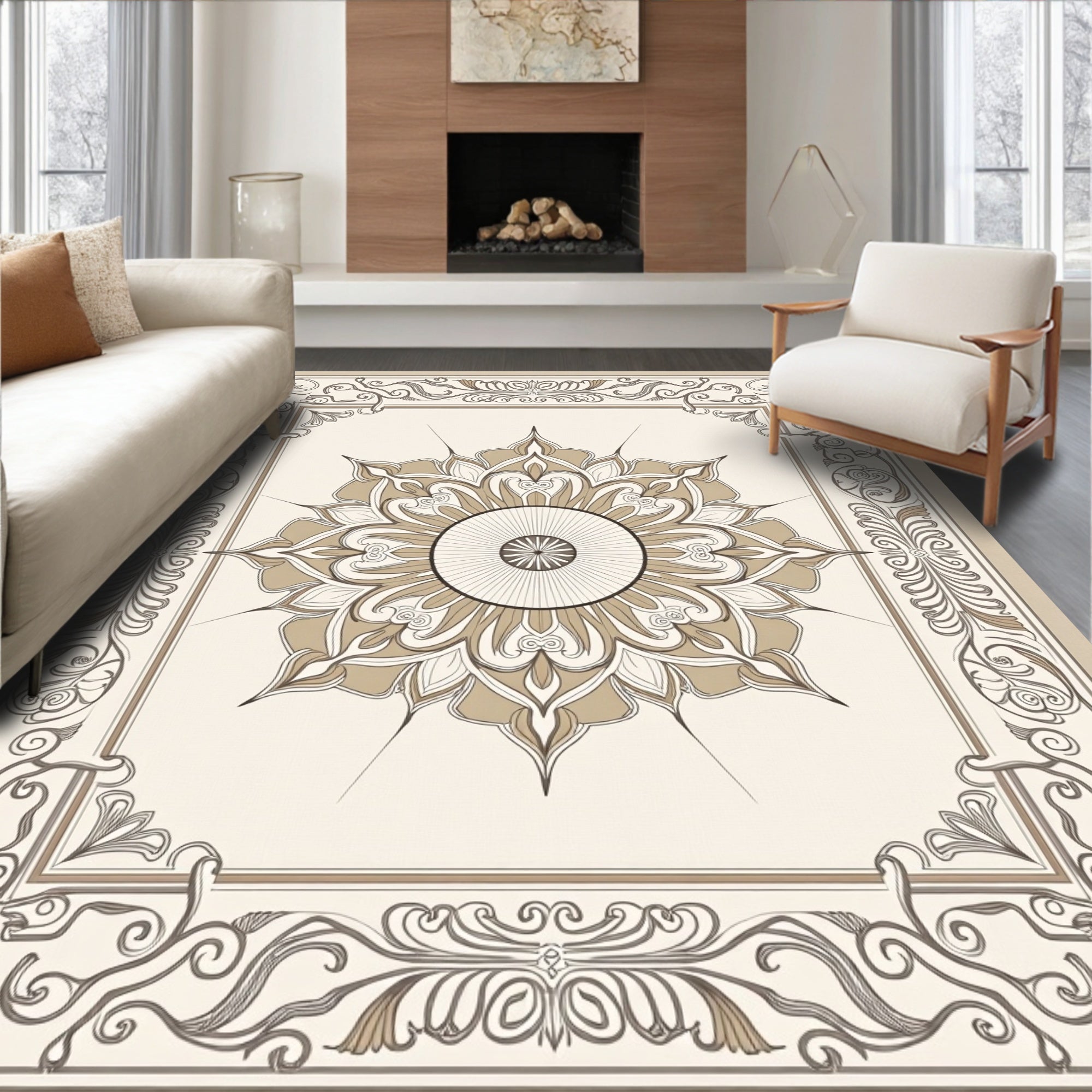 Neutral Tan Floral Medallion Border Rug