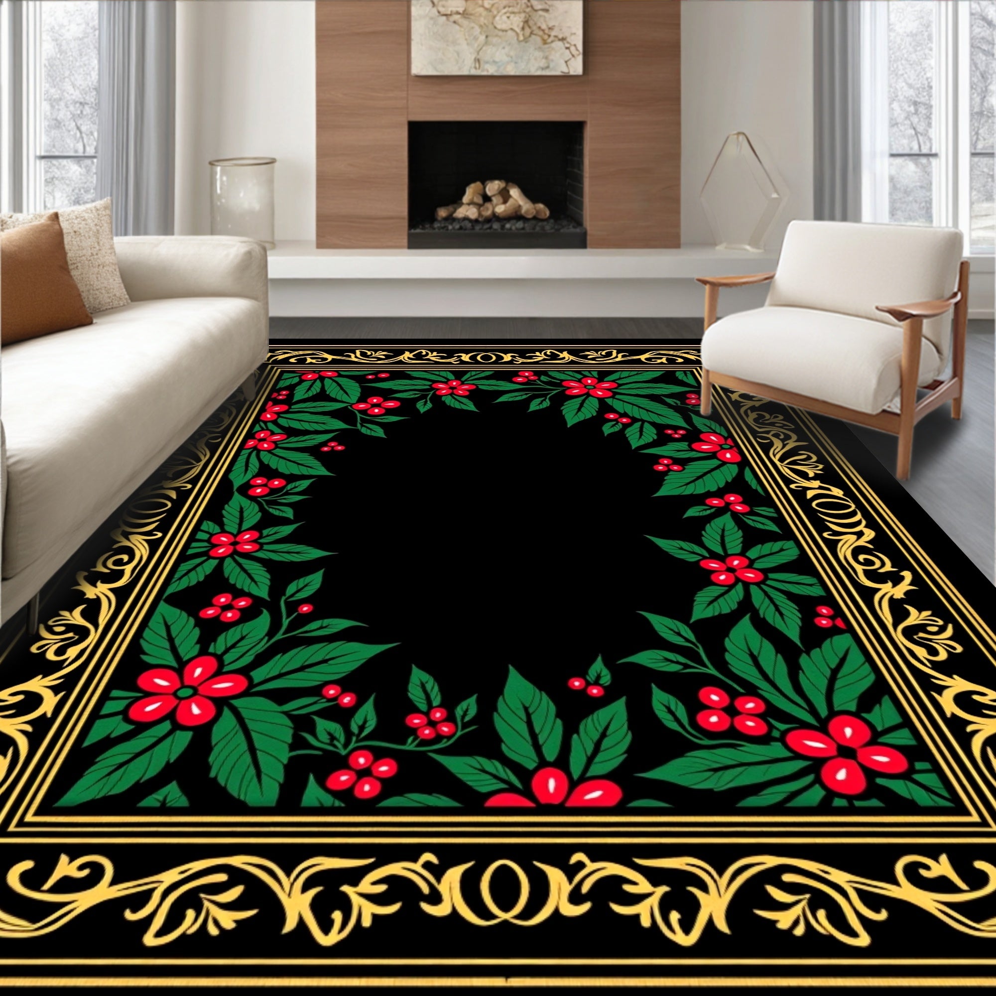Ornate Gold Holly Berry Frame Rug