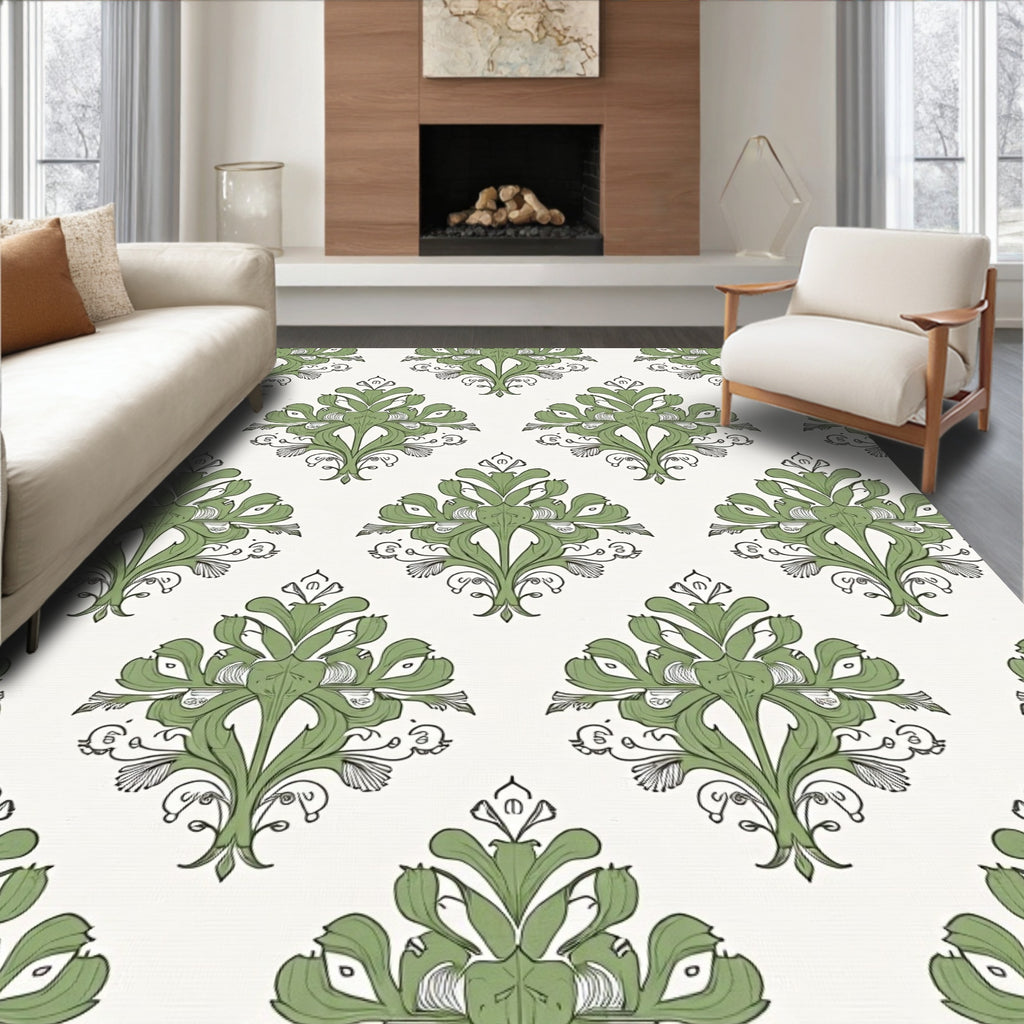 Sage Green Leafy Damask Medallion Rug