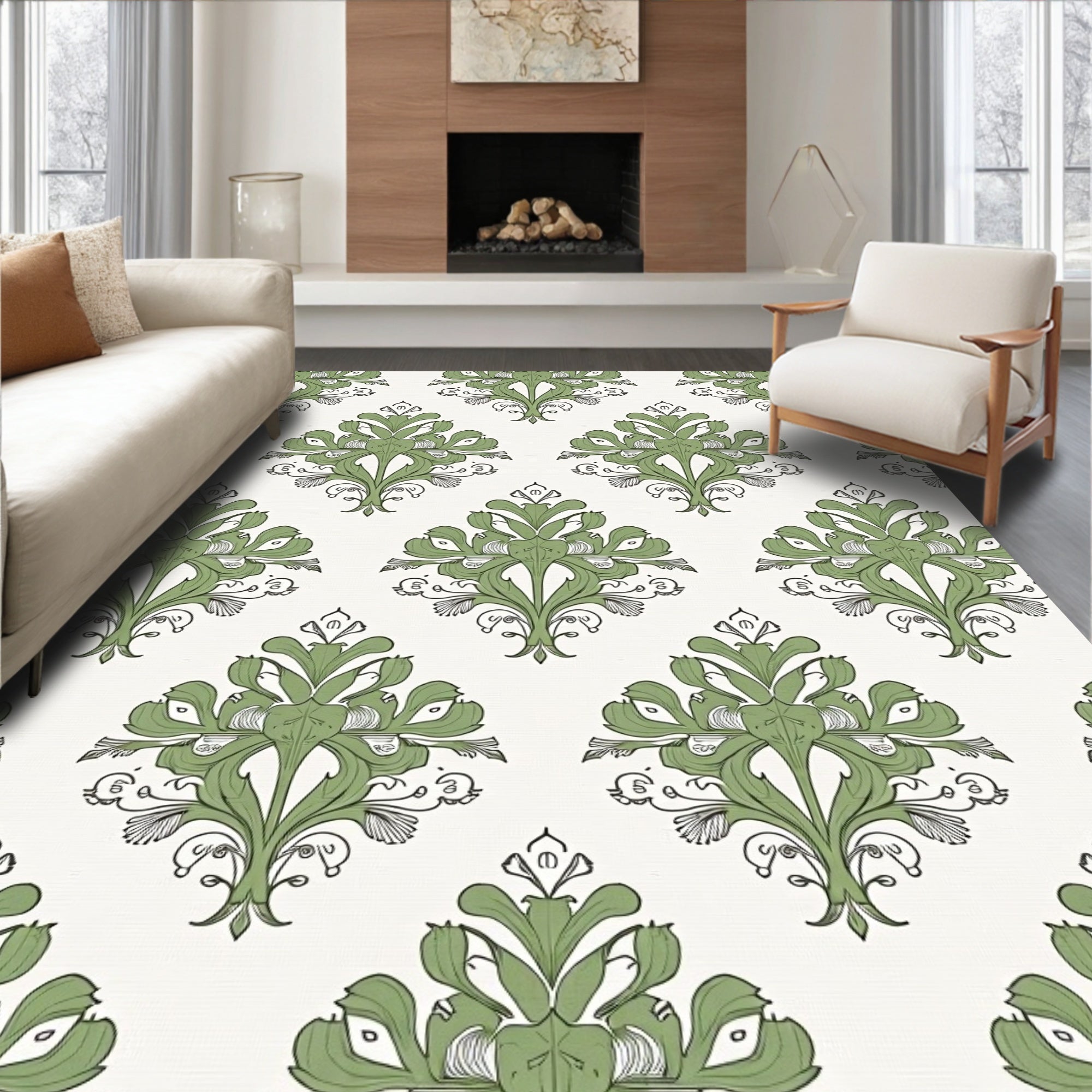 Sage Green Leafy Damask Medallion Rug