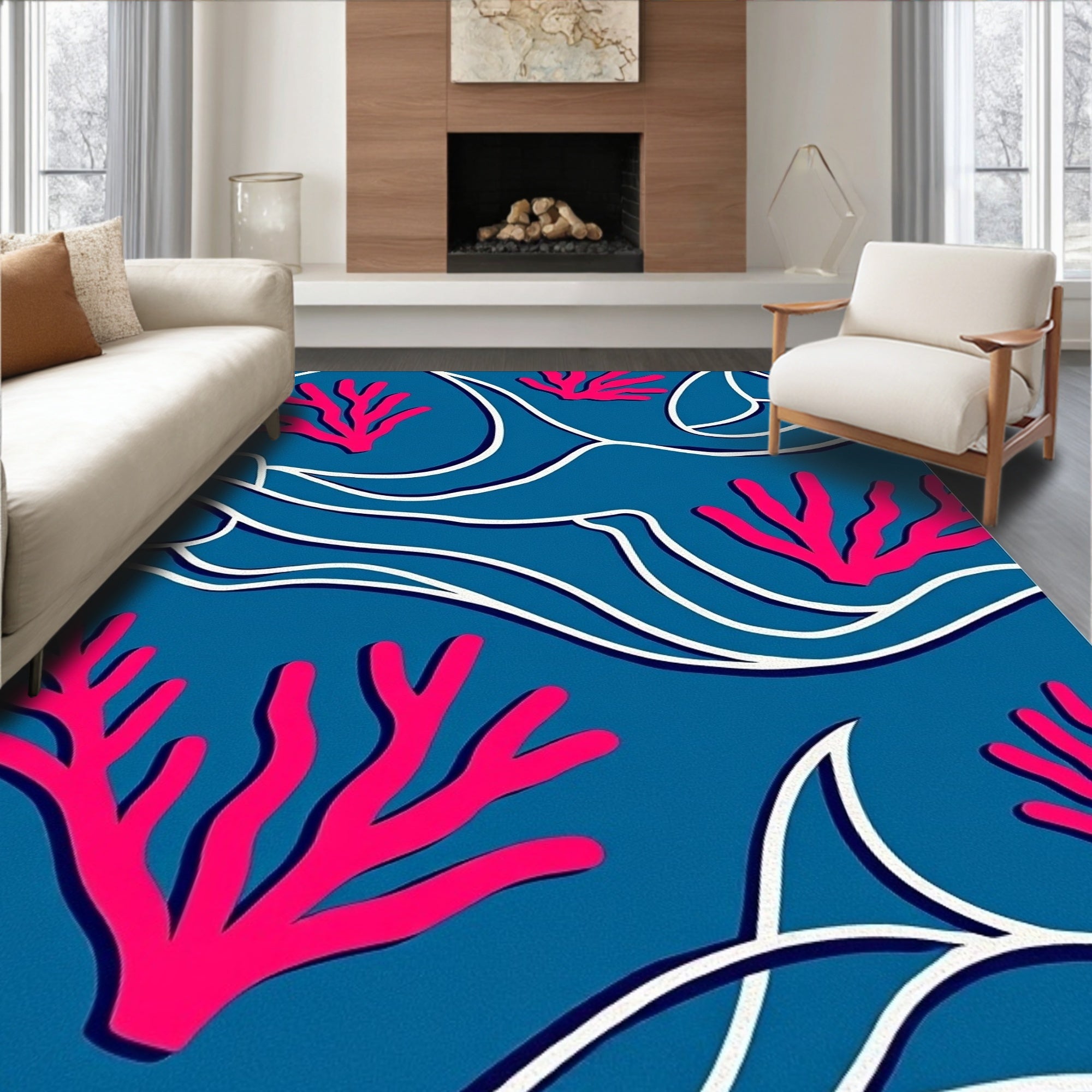 Vivid Coral Blue Swirl Rug