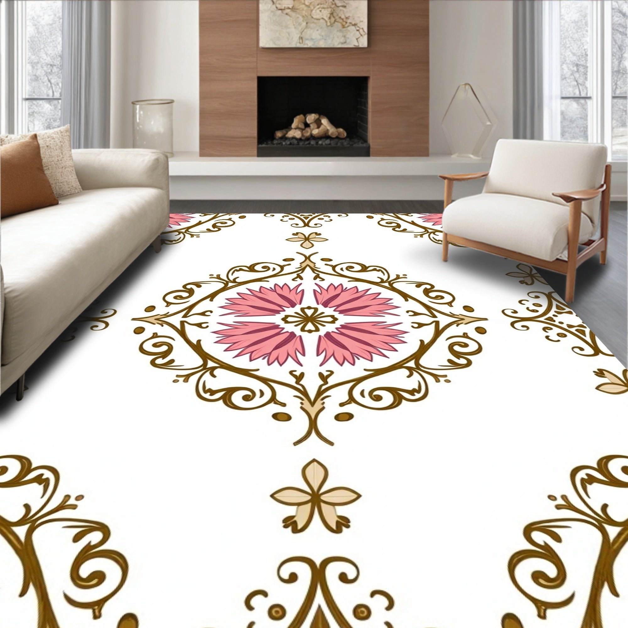 Pink Floral Scrollwork Medallion Rug