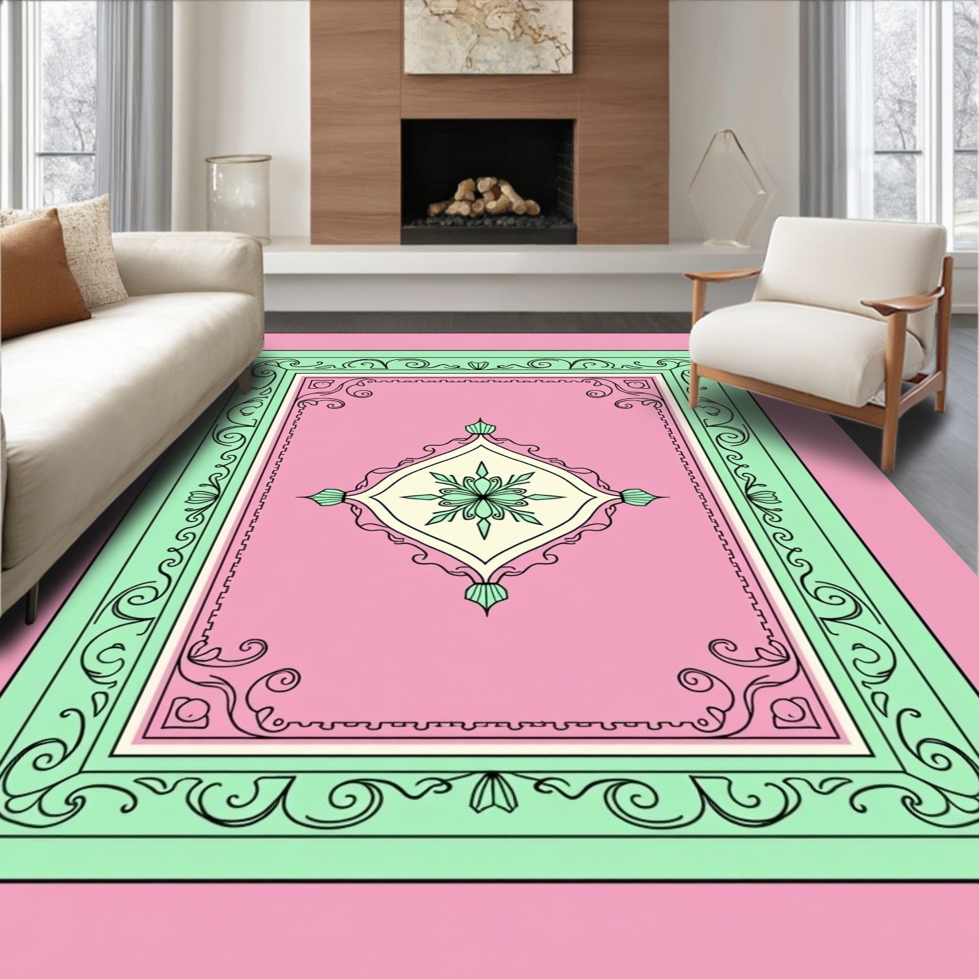Pink Mint Scroll Medallion Rug