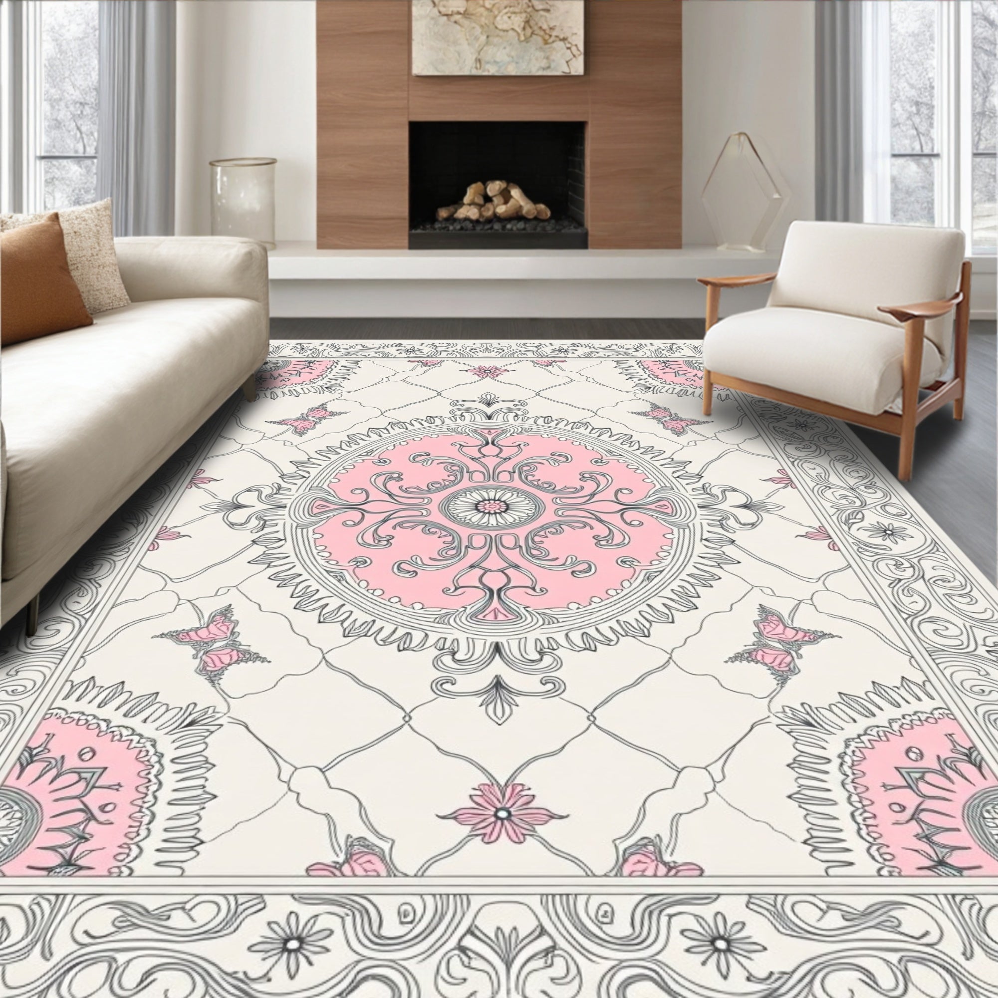 Pink Butterfly Medallion Scrollwork Rug
