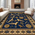 Deep Blue Golden Seagulls Nautical Border Rug