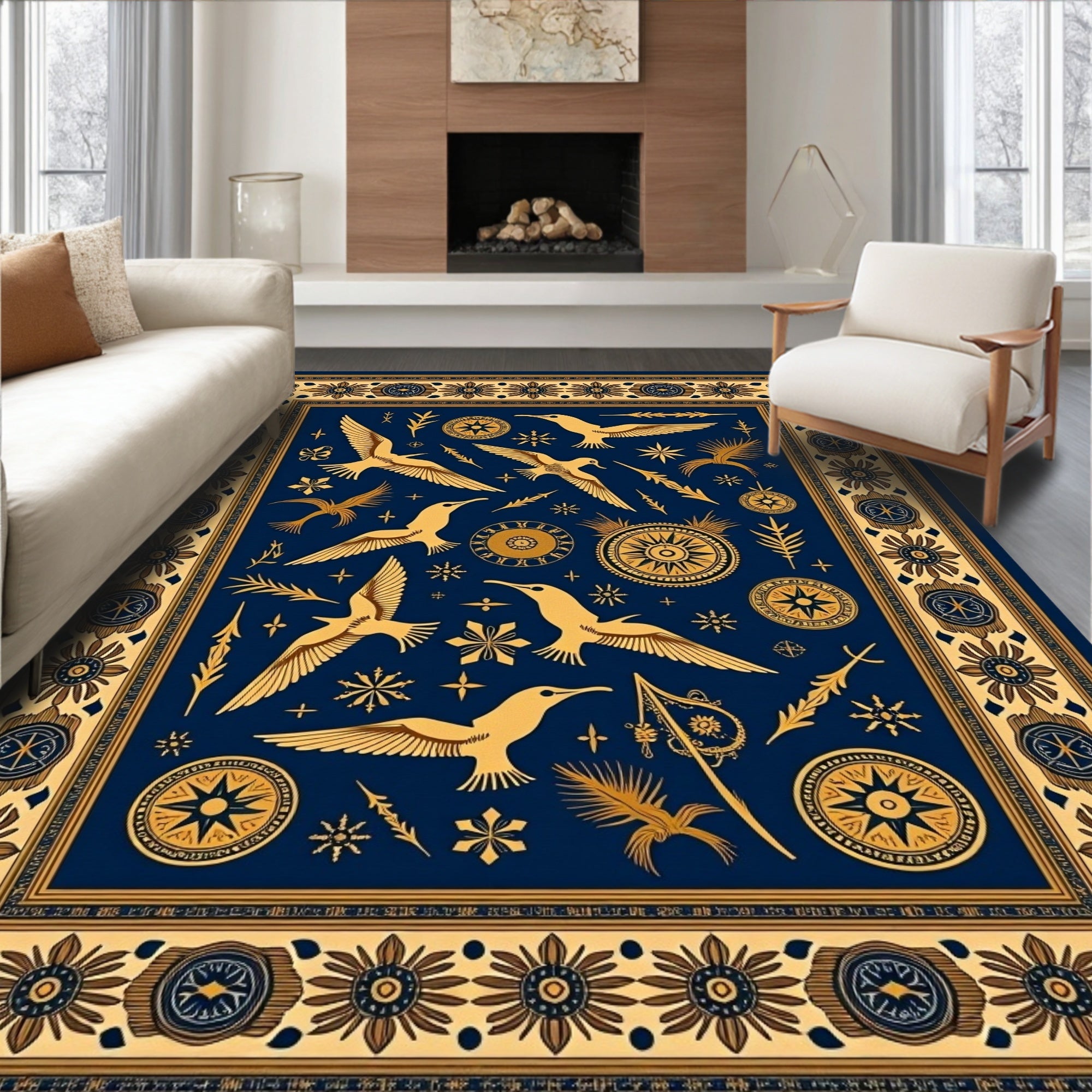 Deep Blue Golden Seagulls Nautical Border Rug