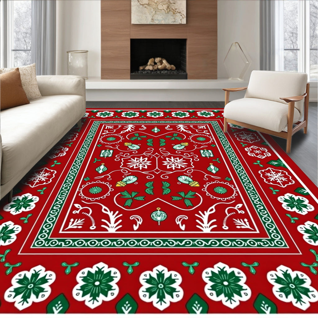 Red Green White Holiday Christmas Ornaments Rug