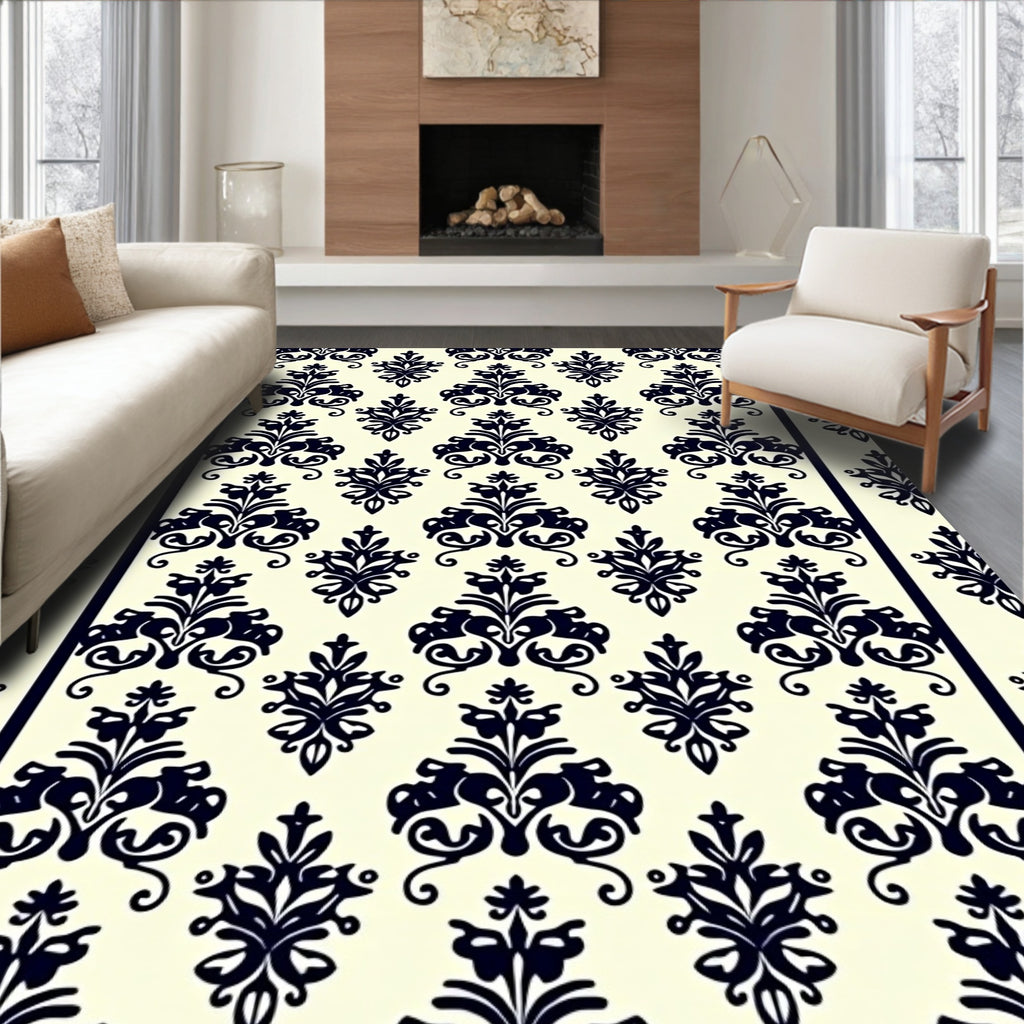 Black Damask Scrollwork Ivory Background Rug