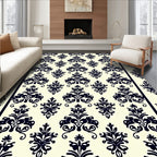 Black Damask Scrollwork Ivory Background Rug