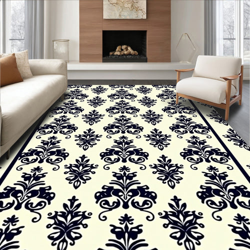 Black Damask Scrollwork Ivory Background Rug