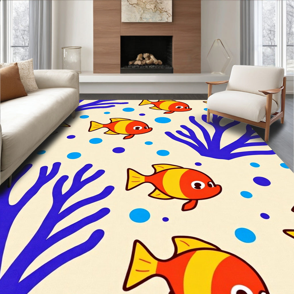 Whimsical Orange Fish Blue Coral Scene Rug