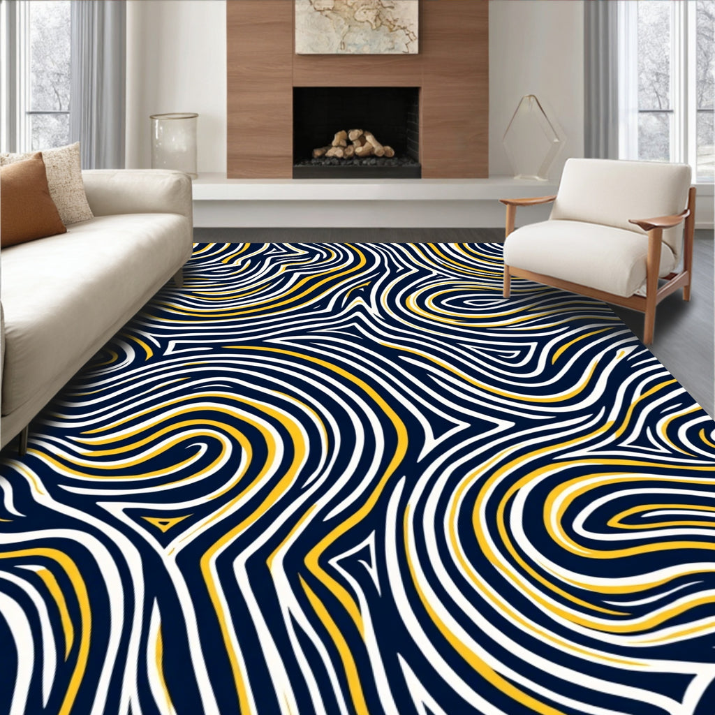 Navy White Yellow Wavy Lines Rug