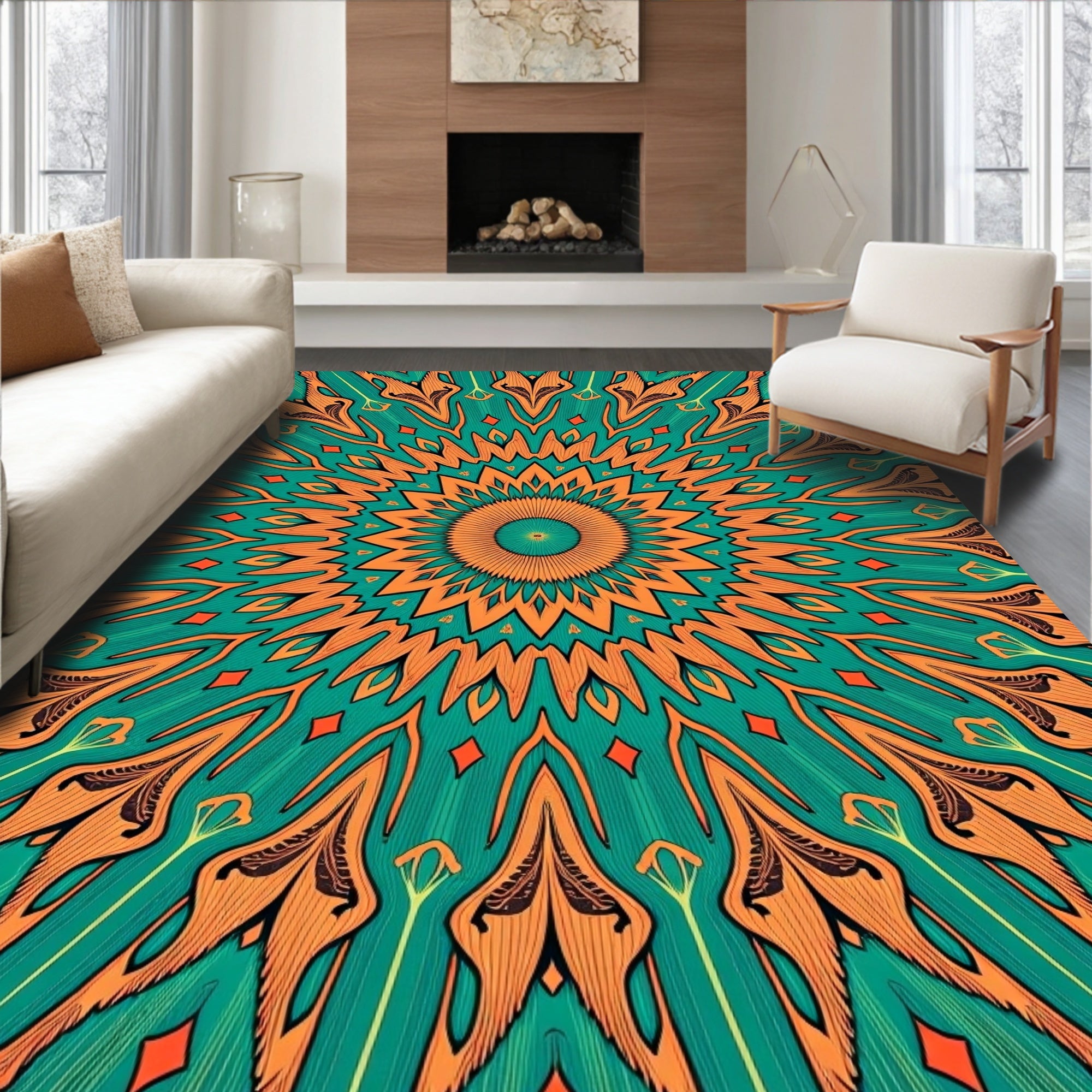 Vibrant Orange Teal Mandala Rug