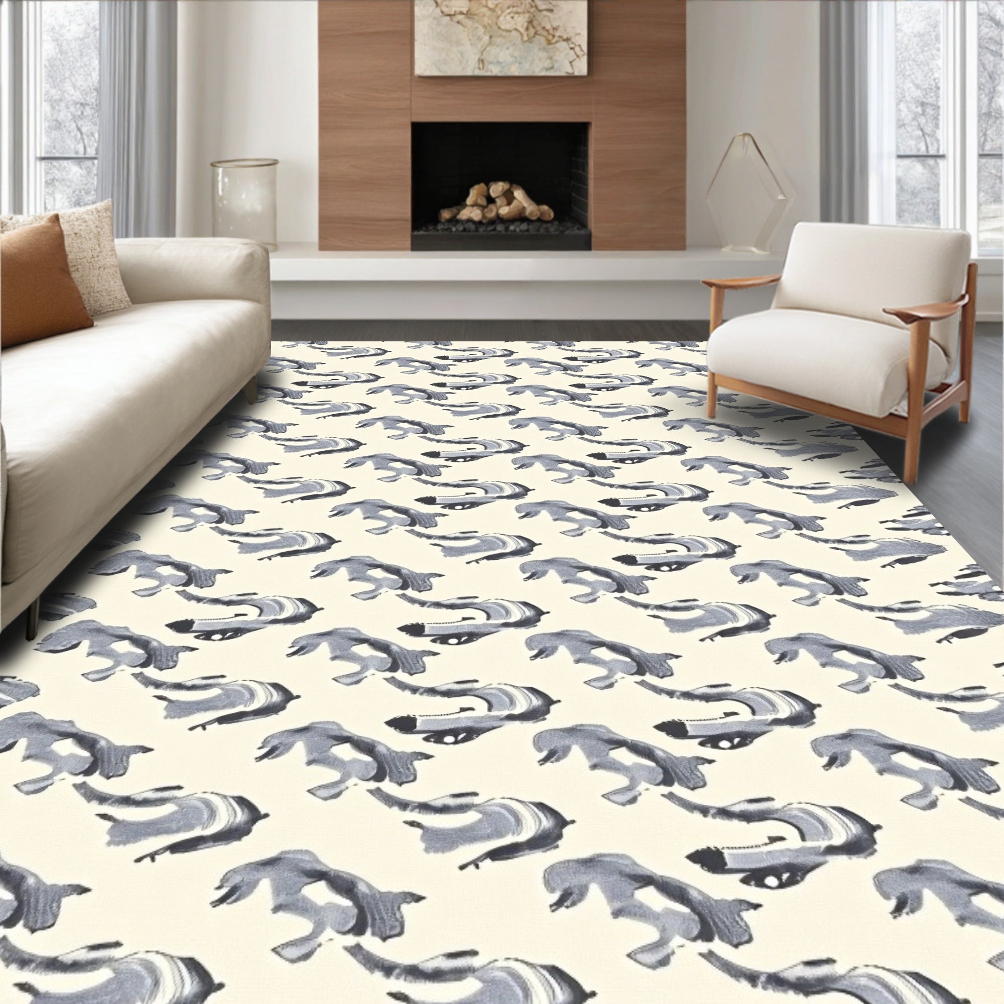 Gray Watercolor Koi Fish Arrangement Rug