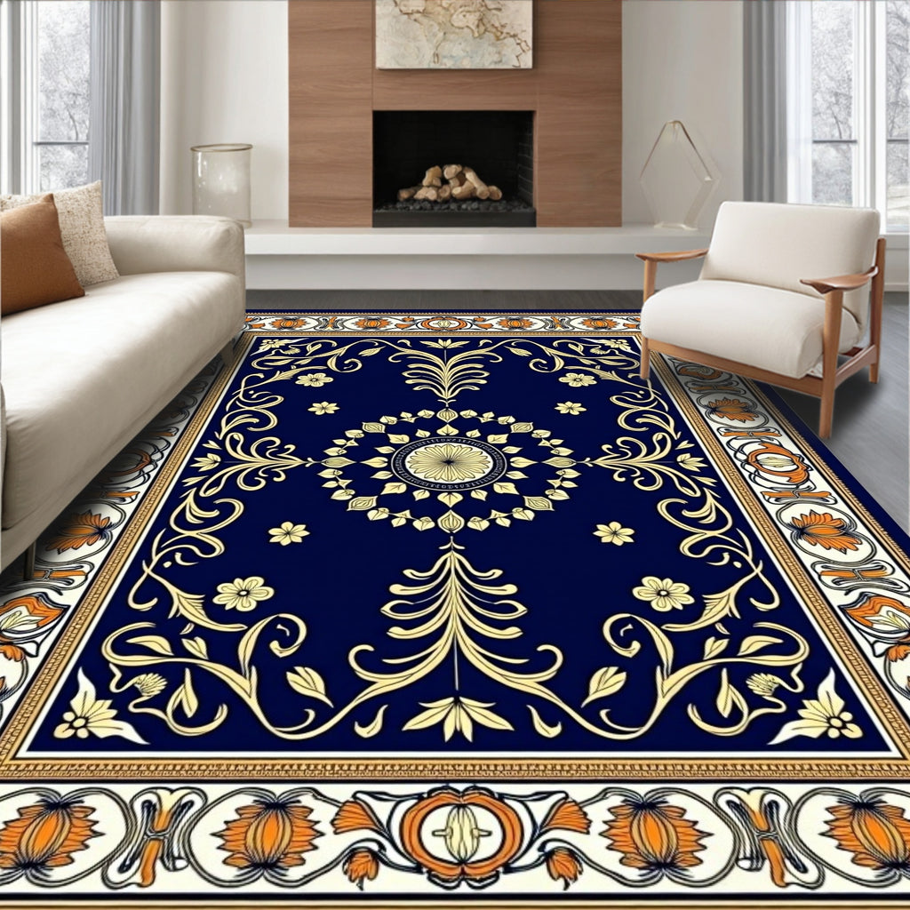 Ornate Midnight Blue Floral Medallion Rug