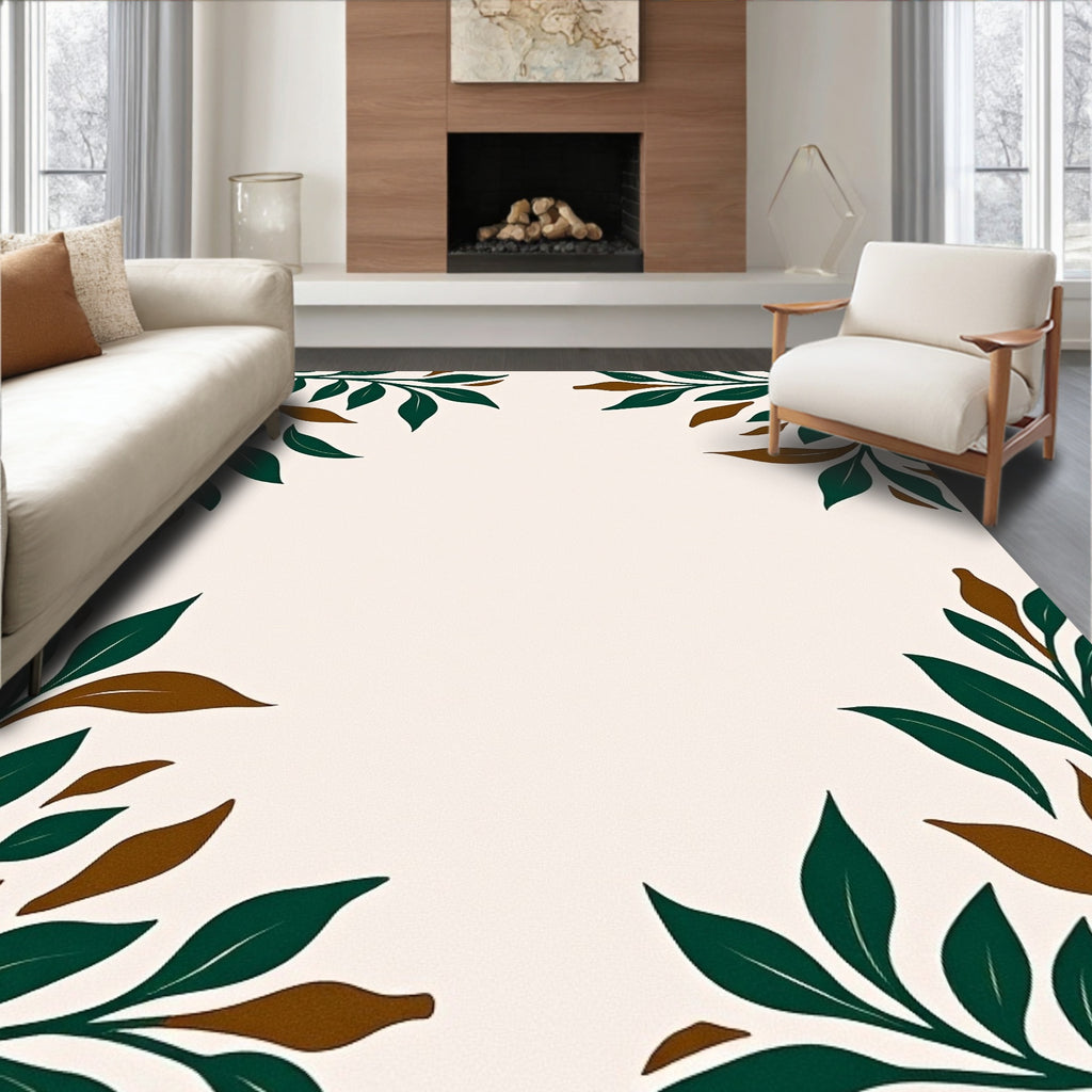 Verdant Green Brown Leaf Corner Rug