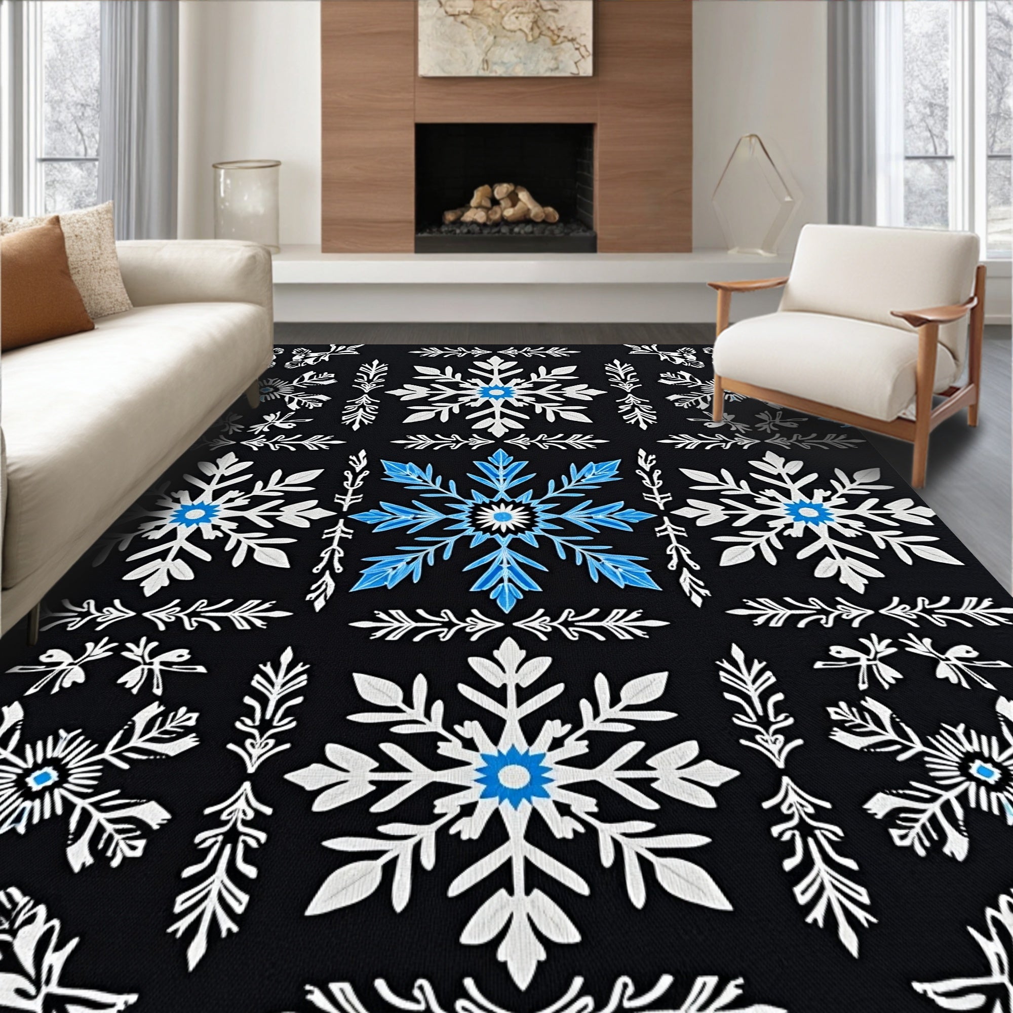 Black White Blue Snowflake Medallion Rug