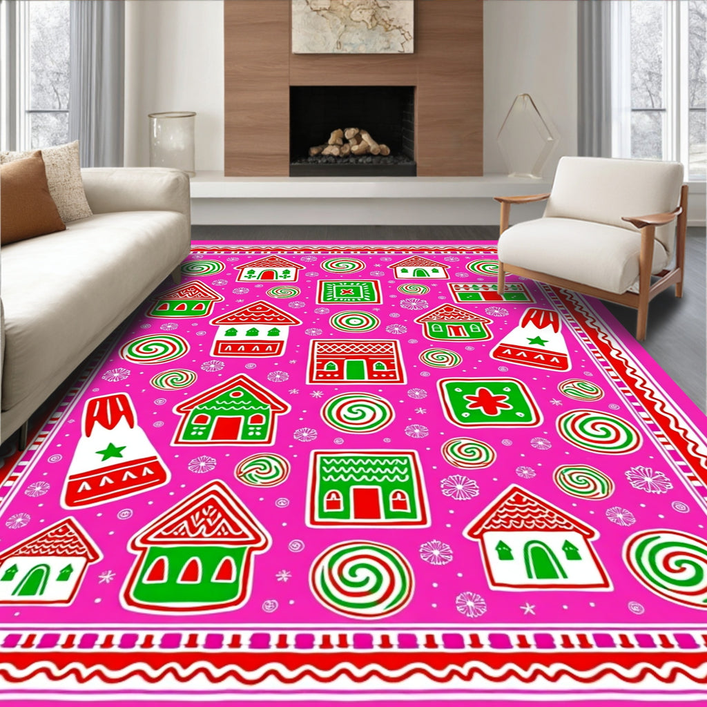 Pink Gingerbread Houses Swirls Bordered Rug