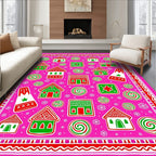 Pink Gingerbread Houses Swirls Bordered Rug