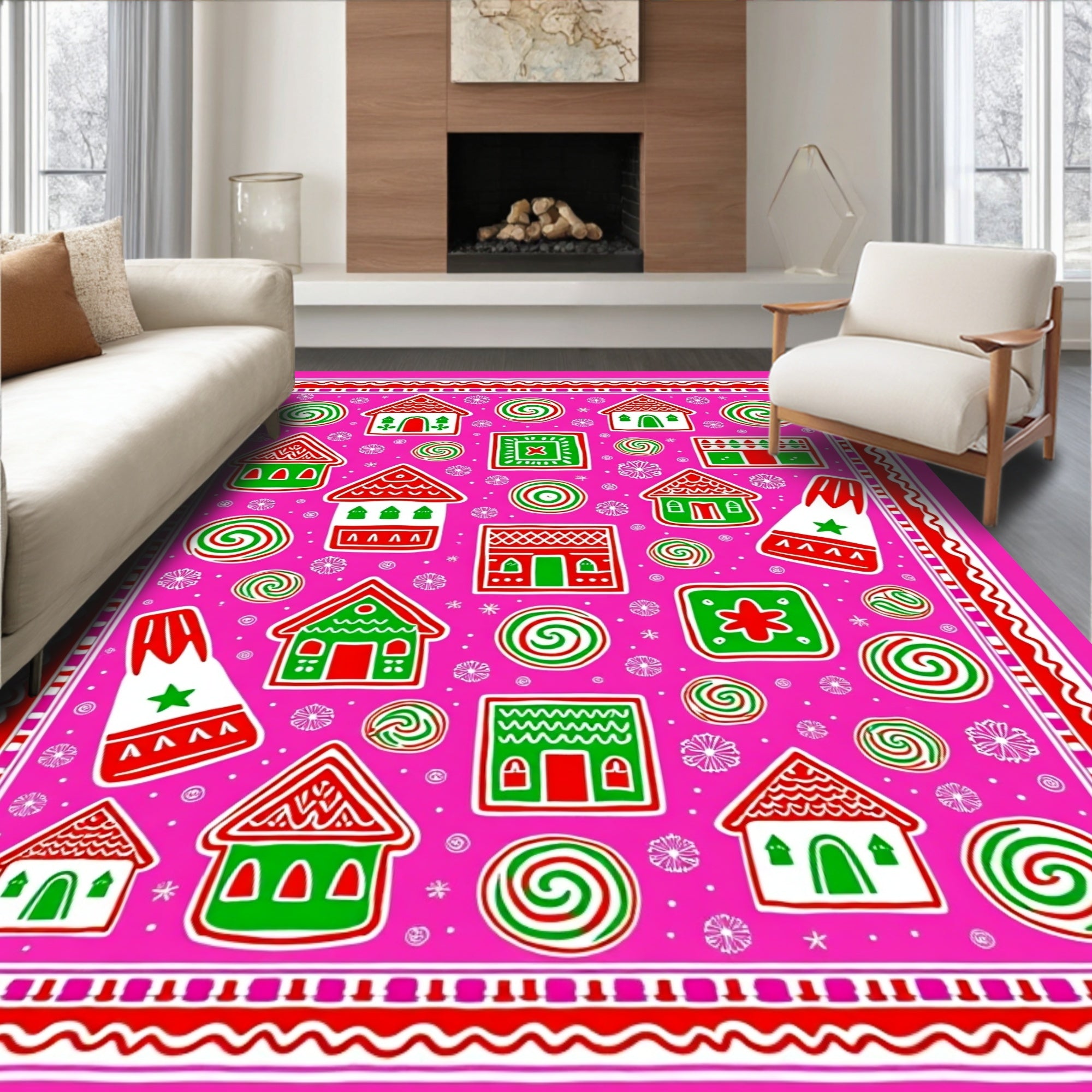 Pink Gingerbread Houses Swirls Bordered Rug