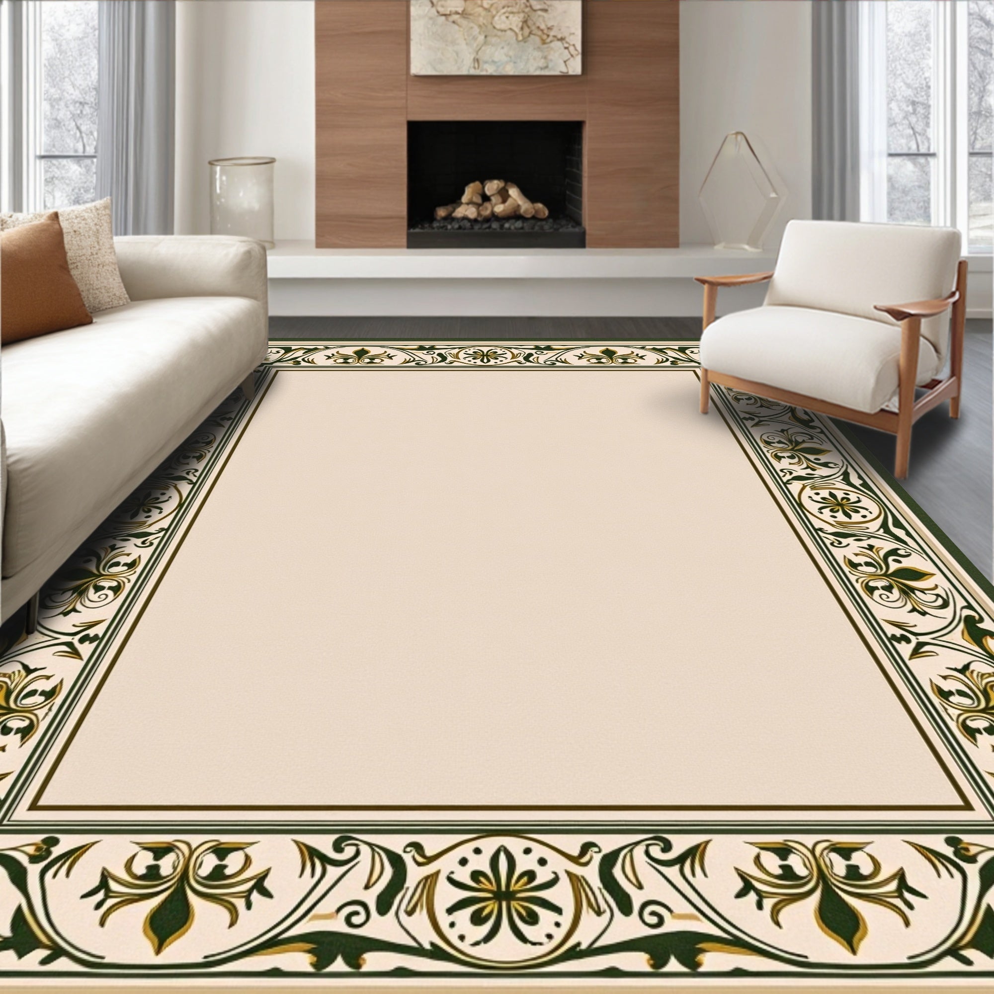 Ornate Emerald Geometric Floral Border Rug