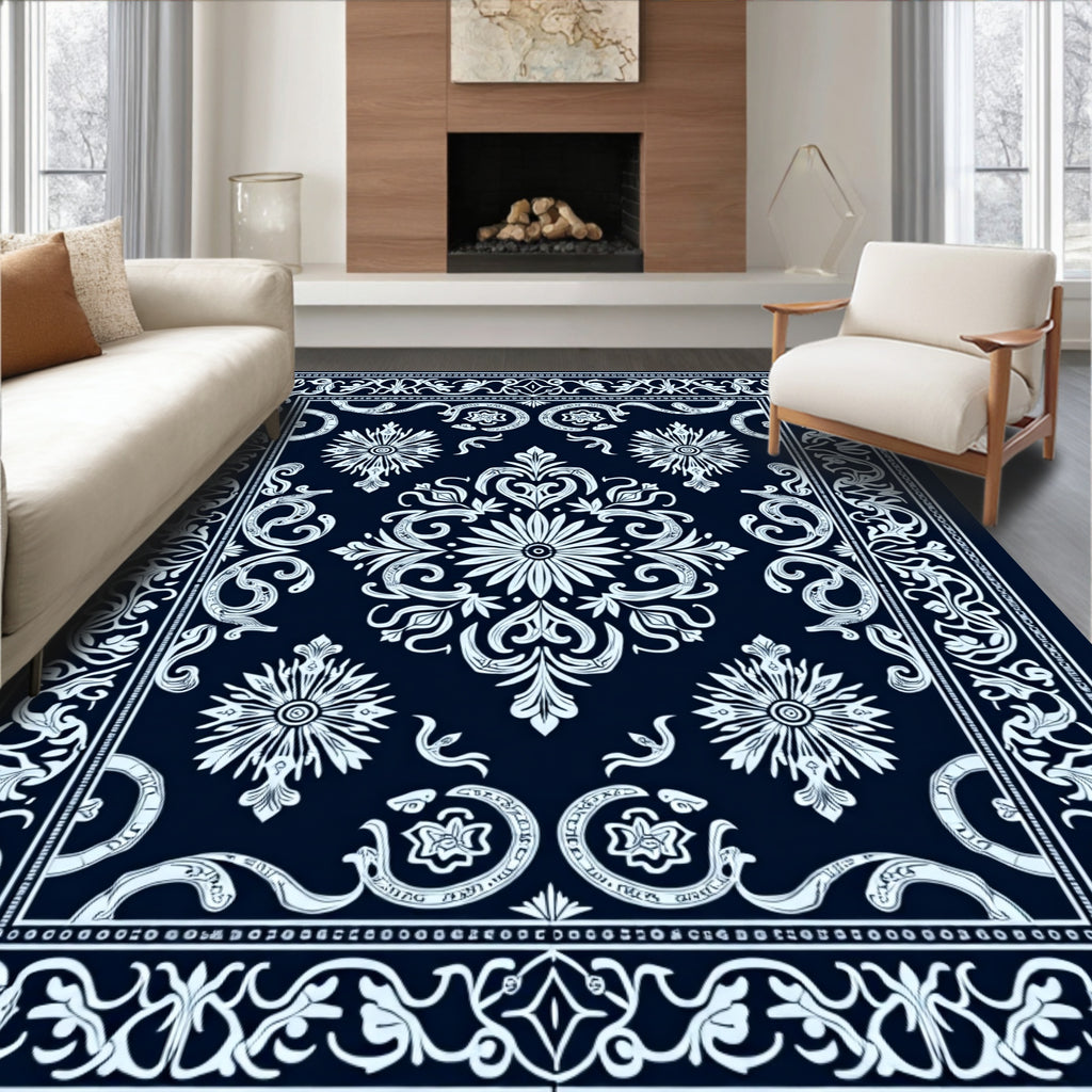 Navy Blue Floral Medallion Damask Rug