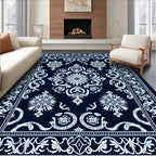 Navy Blue Floral Medallion Damask Rug